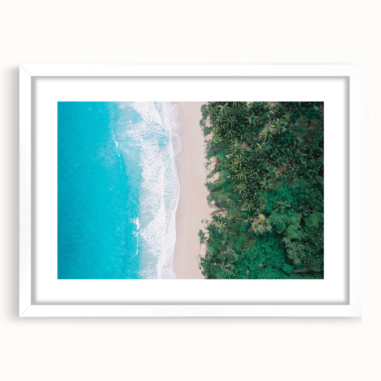Abstract art print of a Colombian landscape in muted green and brown tones on a framed white mat.
