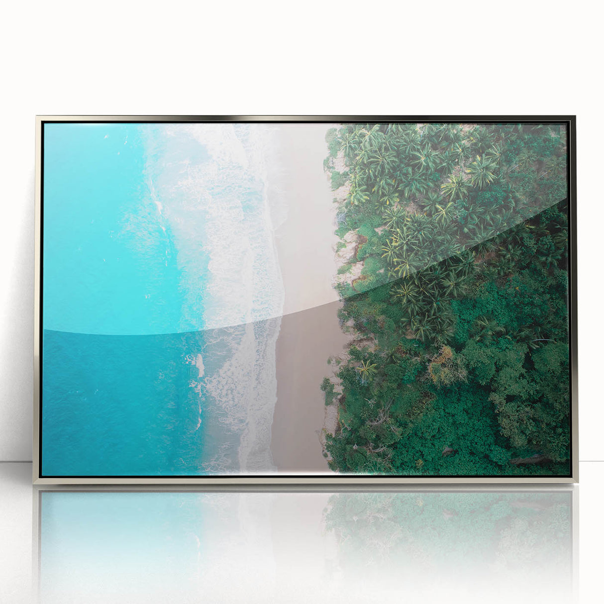 Mid-century modernist art depicting a Colombian landscape in muted earth tones on a framed acrylic print.