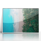 Art deco poster of a Colombian landscape in muted green and brown tones, acrylic print framed in white.