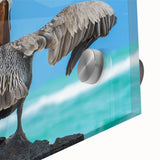 Mid-century modernist abstract of Galapagos scenery in vibrant colors on acrylic glass, ideal for dining room art.