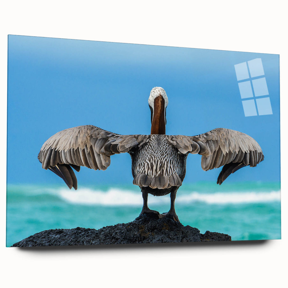 Acrylic print of a large abstract depiction of the Galapagos, in a palette of blue and green.