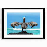 Extra large abstract art print of a colorful, textured Galapagos scenery on a framed black mat, ideal for living room decor.