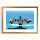 Abstract art print of Galapagos scenery in textured style, featuring earthy tones on a large framed canvas.