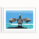 Abstract art print featuring vivid blue and green tones of the Galápagos Islands on a framed white mat.