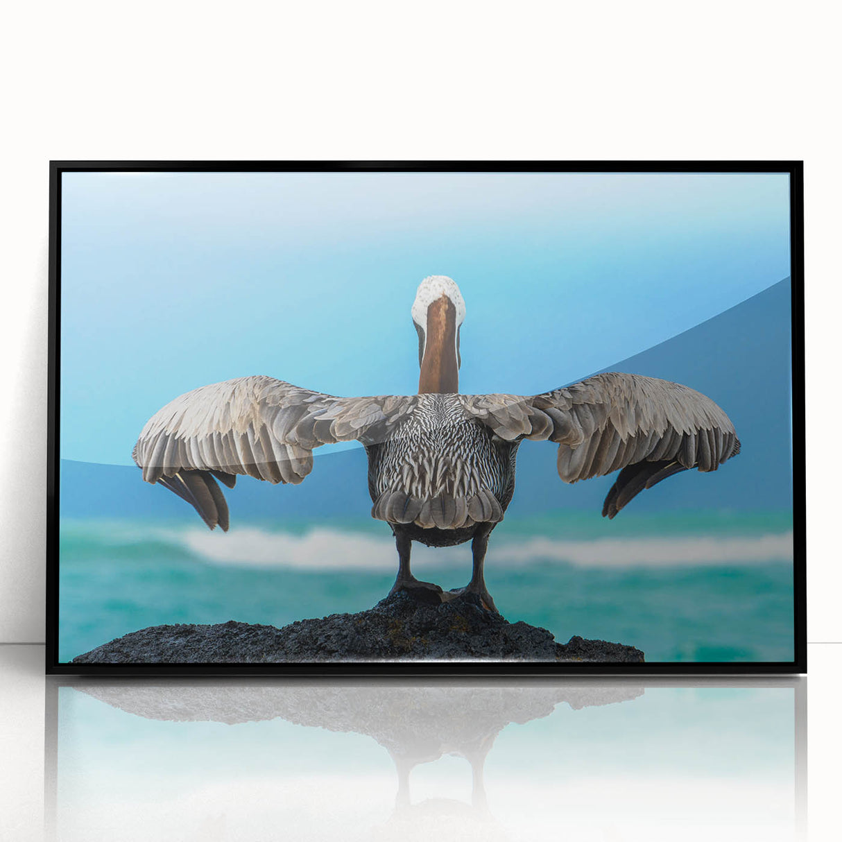 Large abstract wall art featuring a Galapagos scenery in black and white tones, acrylic framed.