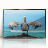 Mid-century modernist acrylic print of a Galapagos scenery in earth tones, framed in gold, suitable for nursery wall art.