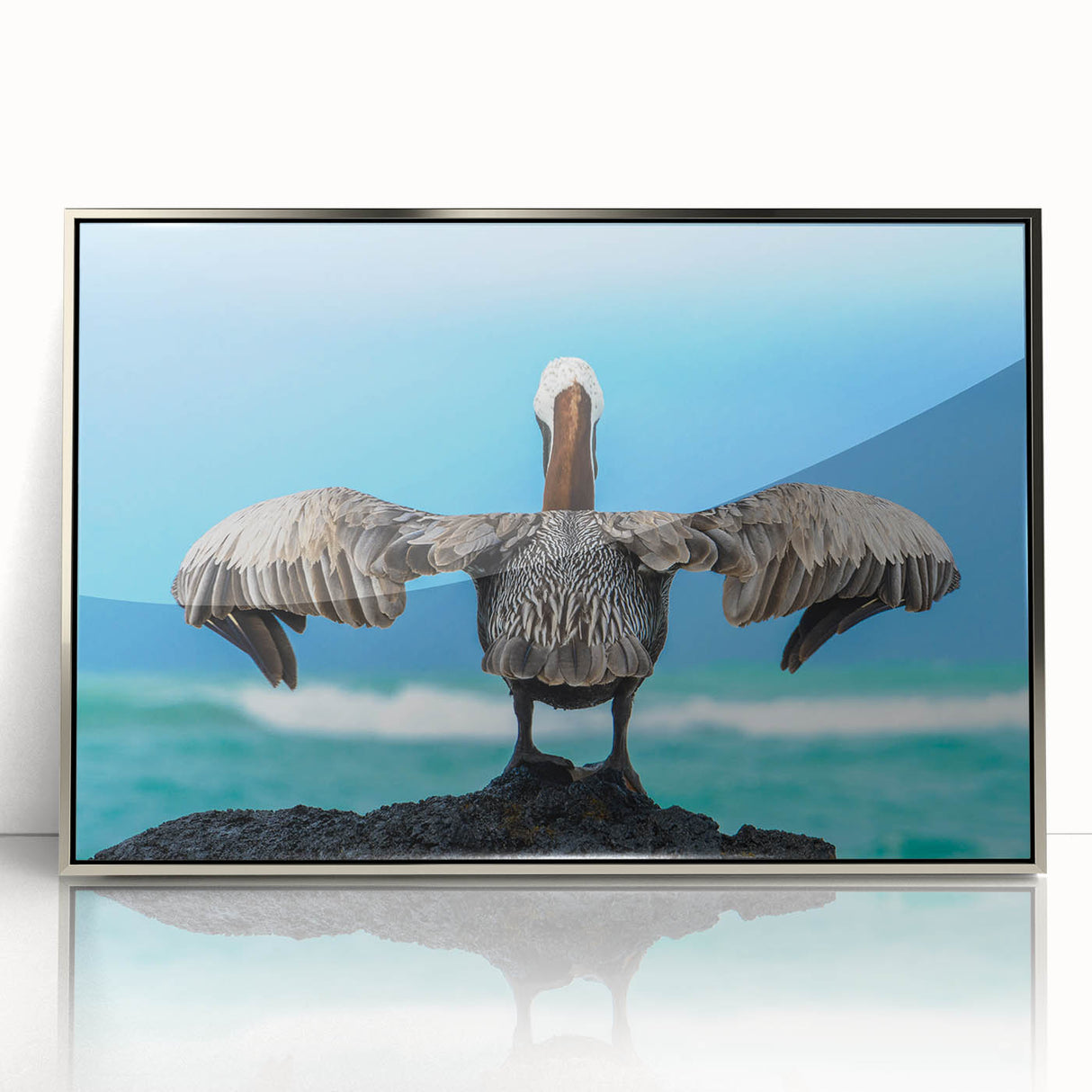 Mid-century modernist art of Galapagos scenery in muted earth tones on a silver-framed acrylic, ideal for nursery wall art.