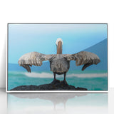 Acrylic print of Galapagos scenery in art deco style with vibrant ocean and sky hues, framed in white.