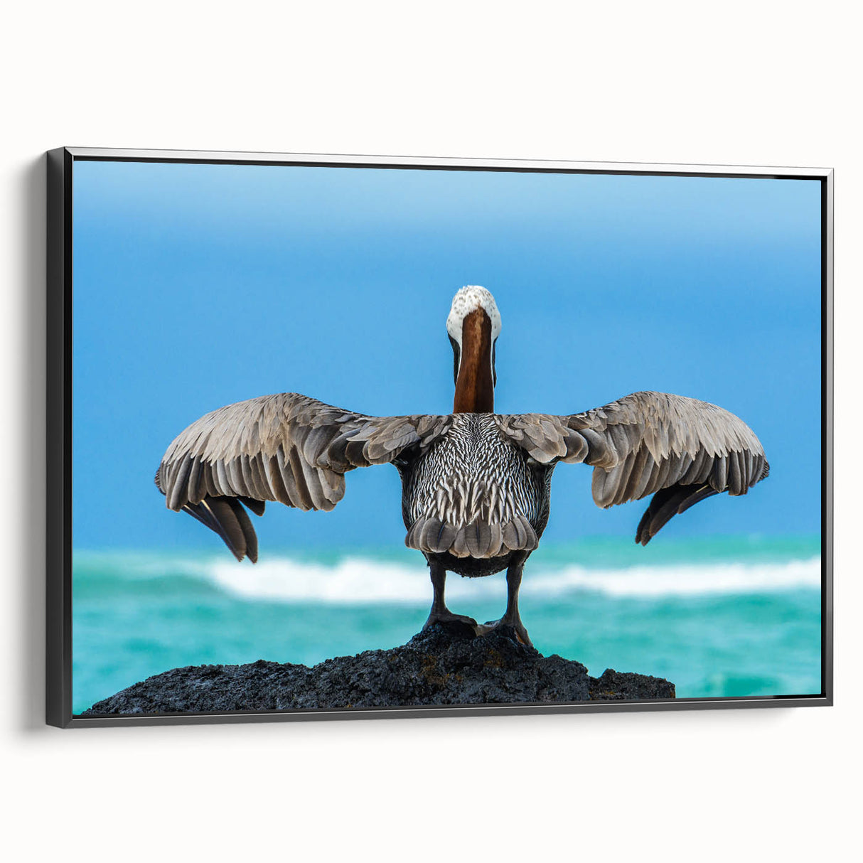 Black and white framed canvas of a vintage-style Galapagos landscape, ideal for bedroom wall art.