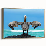 Framed canvas featuring a vintage-style landscape painting of the Galapagos Islands with muted earth tones.