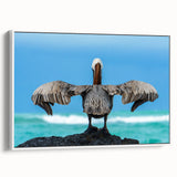 Vintage poster art of Galapagos scenery on a framed canvas, featuring vibrant colors.