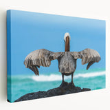 Large stretched canvas featuring a serene Galapagos landscape in soft blue and green tones, ideal for kitchen wall art.
