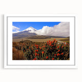 Abstract art print of an Ecuadorian landscape in muted earth tones on a white framed mat, ideal for dining room decor.