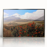 Mid-century modernist art depicting a serene Ecuadorian landscape on a silver-framed acrylic print.