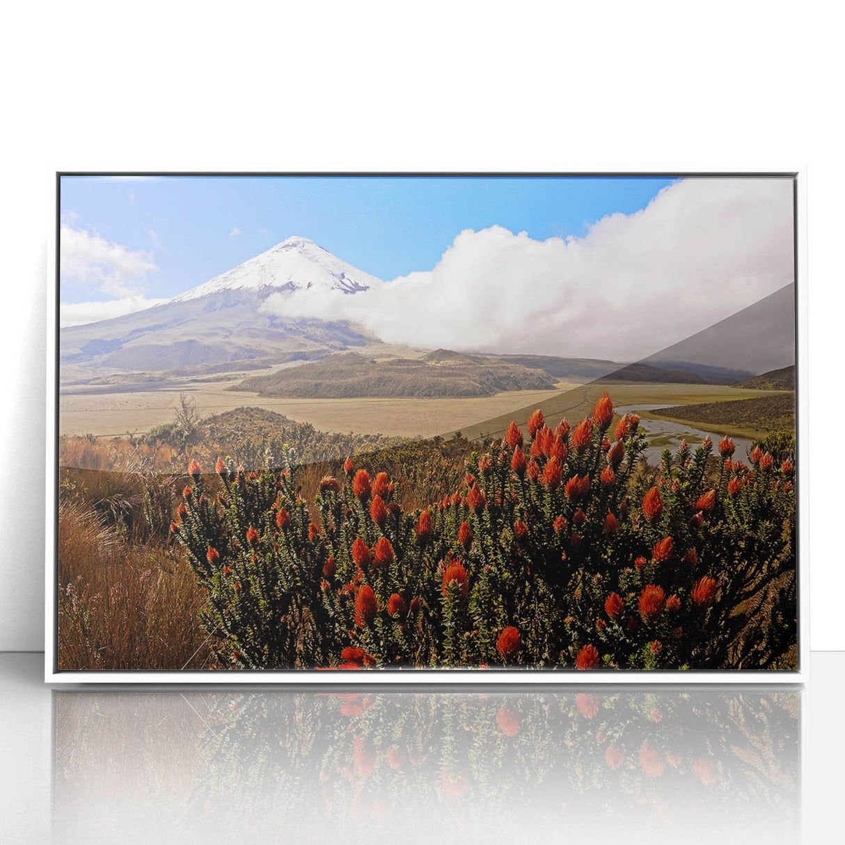 Acrylic print of a serene Ecuadorian landscape in soft pastel tones, framed in white, suitable for modern art wall decor.