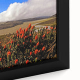Extra large black wall art featuring a textured, colorful depiction of a South American scenery on framed canvas.