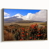 Framed canvas featuring a vintage-style landscape painting of an Ecuadorian scenery in muted gold and black tones.