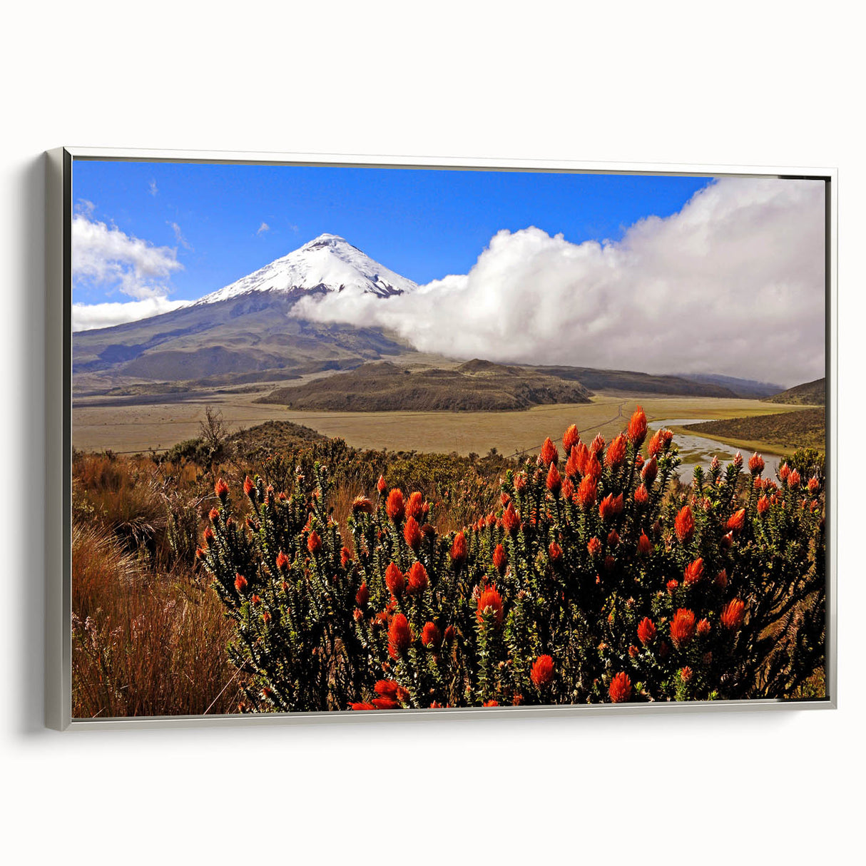 Landscape art painting of Ecuadorian scenery on framed canvas.