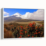 Vintage poster art of a South American scenery on a framed canvas, featuring vibrant colors against a black background.