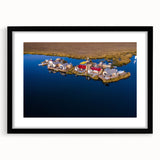 Abstract art print depicting a colorful, textured scenery of South America, Peru on a large black-framed canvas with mat.