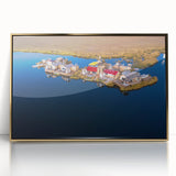 Framed acrylic print of a mid-century modernist Peruvian landscape in muted earth tones, ideal for modern art wall decor.