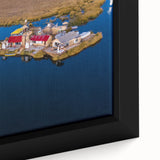 Extra large framed canvas featuring a textured, colorful depiction of a Peruvian landscape, ideal for living room decor.