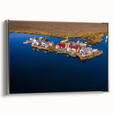 Framed canvas depicting a colorful vintage-style landscape of a South American scenery, ideal for living room decor.