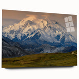 Large abstract depiction of Denali, Alaska in muted earth tones on acrylic glass, suitable for bedroom or dining room art.