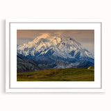 Abstract art print of Denali, Alaska in muted earth tones, framed with a white mat.