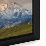 Extra large framed canvas of Denali, Alaska, featuring a textured black foreground and colorful sky.
