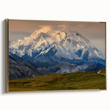 Framed canvas depicting Denali, Alaska in muted earth tones, ideal for bedroom wall art.