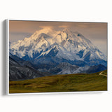 Vintage poster art of Denali, Alaska on a framed canvas, featuring a colorful palette, ideal for living room decor.