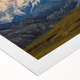 Art deco poster of Denali, Alaska with muted earth tones on rolled canvas, ideal for dining room wall art.