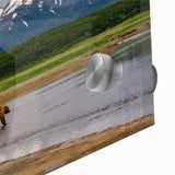 Large abstract depiction of Alaska scenery in muted earth tones on acrylic glass, suitable as dining room art.