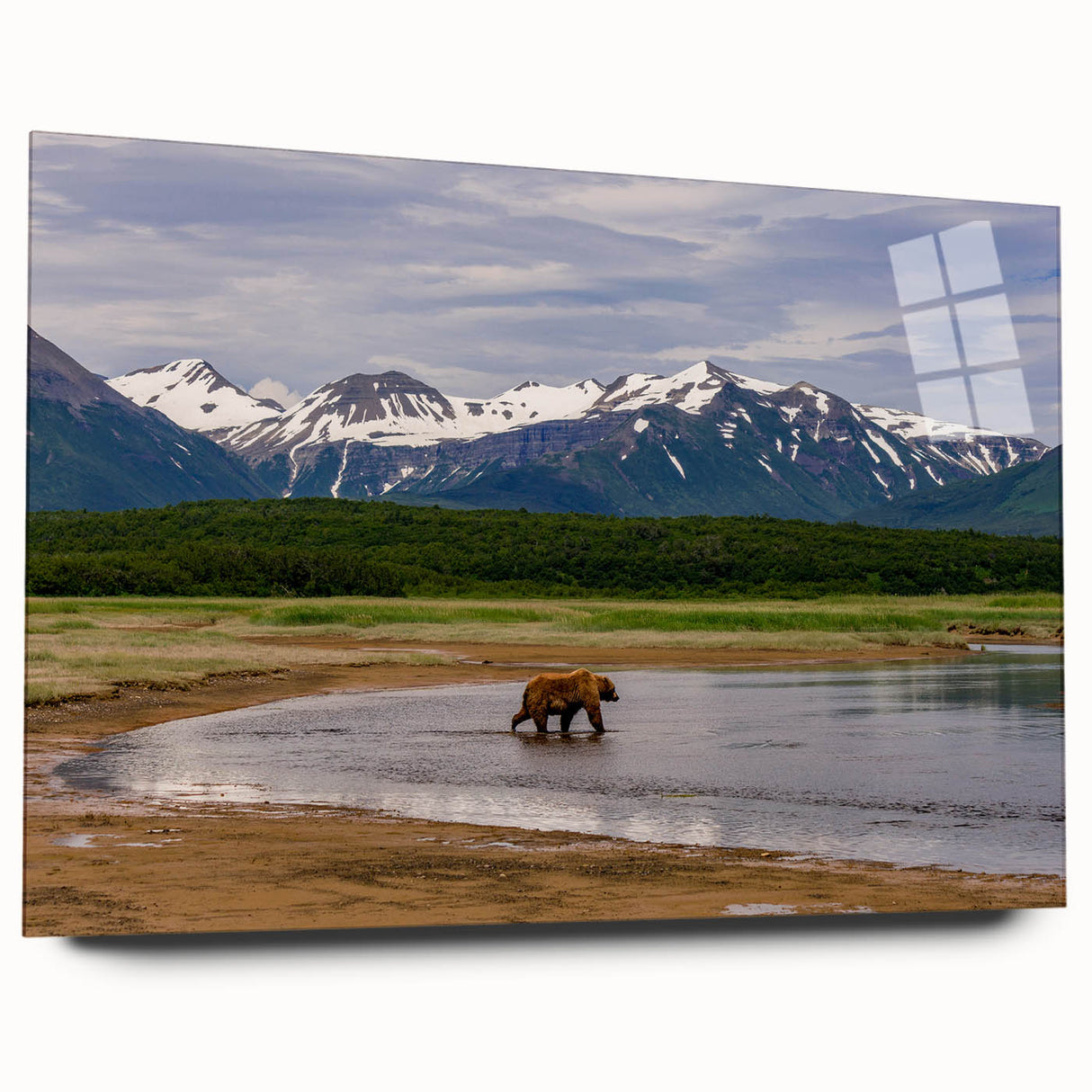 Acrylic print of a large abstract depiction of Alaska scenery in cool blue and gray tones.