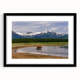Abstract art print featuring a colorful Alaskan landscape in textured style, extra large framed with black mat.
