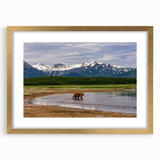 Extra large abstract art print of Alaskan scenery in textured style, with gold frame, ideal for living room decor.