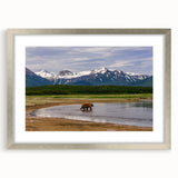 Textured abstract art print of Alaskan scenery in muted earth tones, framed in silver, ideal for bedroom art.