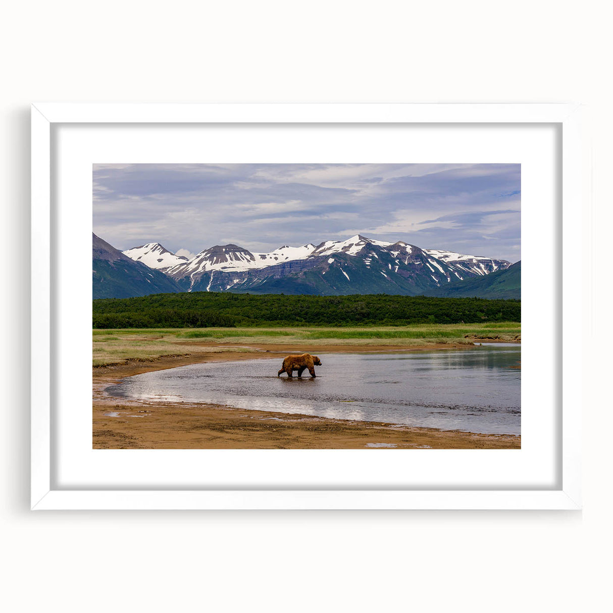 Abstract art print of Alaska scenery in muted blue and gray tones, framed with a white mat.