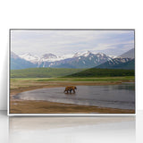Acrylic print of a serene Alaskan landscape, framed in white, ideal for modern nursery wall art.