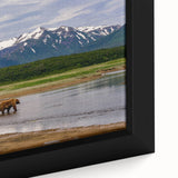 Framed canvas of a textured Alaskan landscape in black with vibrant colorful accents, ideal for large living room walls.