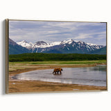 Framed canvas of an Alaskan landscape in muted gold and black tones, ideal for bedroom wall art.