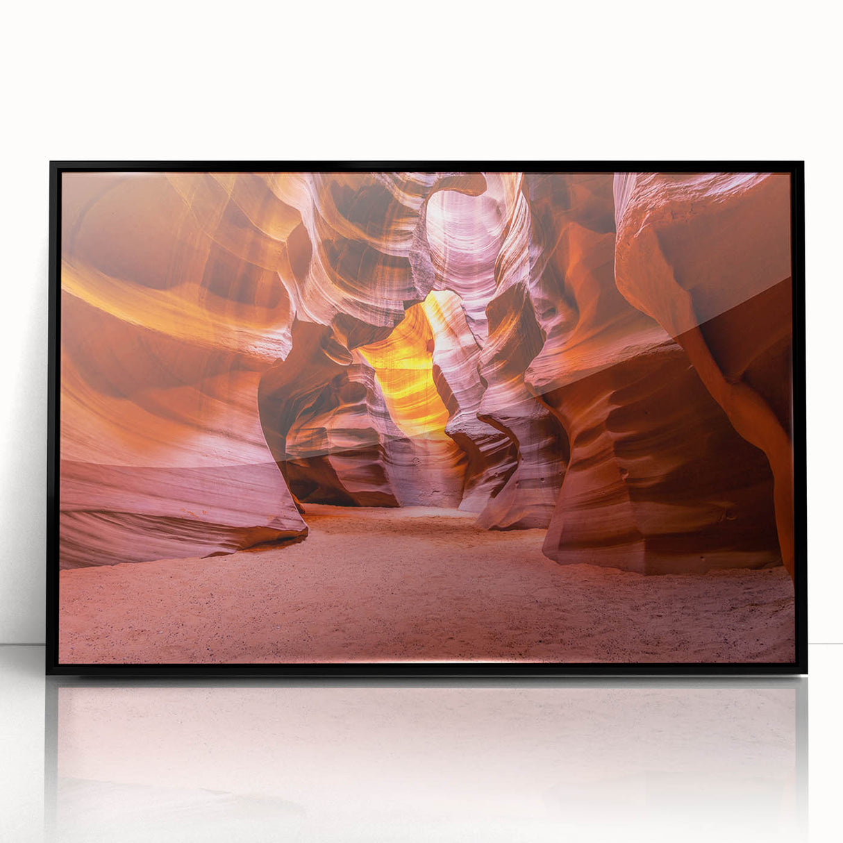 Large abstract wall art depicting Arizona's Antelope Canyon in muted earth tones on a framed acrylic.