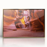 Mid-century modernist acrylic print of Arizona's Antelope Canyon in orange and gold tones, ideal for modern art wall decor.