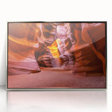 Mid-century modernist art of Antelope Canyon in Arizona on a silver-framed acrylic print, using earth tones.