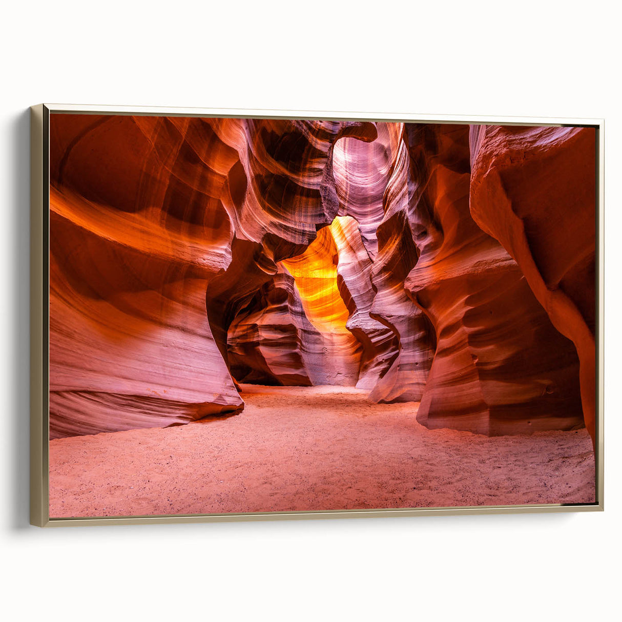 Framed canvas of Arizona's Antelope Canyon in earth tones, suitable as wall art for a bedroom.