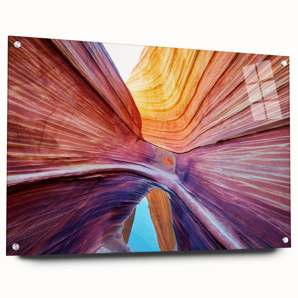 Acrylic print of Arizona's Coyote Buttes landscape, featuring earthy orange and red tones, ideal for dining room decor.