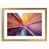 Extra large abstract art print of Arizona's Coyote Buttes in textured hues, framed in gold, ideal for living room decor.