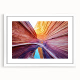 Abstract art print of Arizona's Coyote Buttes in muted earth tones, framed with a white mat, suitable for dining room decor.