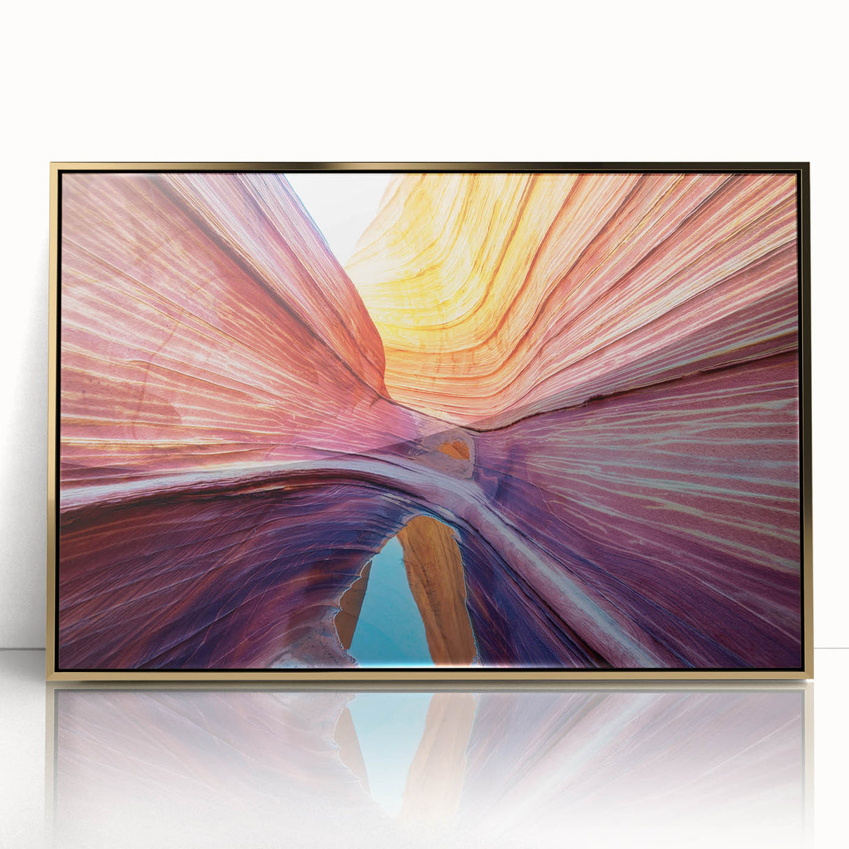 Framed acrylic print of Coyote Buttes in Arizona, featuring earth tones and mid-century modernist style.